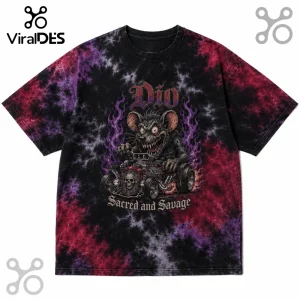 Heavy metal band Dio graphic t-shirt on black, purple, and red tie-dye fabric featuring a rat driving a skull hot rod.!