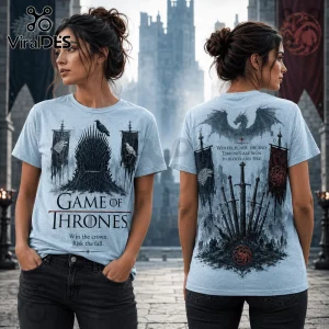 Light blue t-shirt featuring Game of Thrones imagery, Iron Throne, dragons, and text on front and back.!
