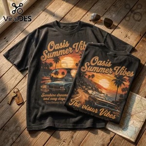 Black cotton t-shirts with retro sunset, palm tree, and vintage convertible car prints on a wood surface with sunglasses.!