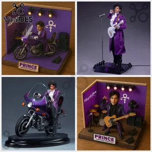 Prince Purple Rain Diorama Desktop Figurine featuring Prince on a motorcycle and playing guitar in a stage setting.