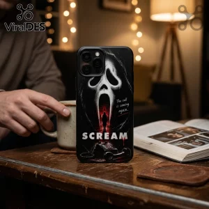 Scream horror movie iPhone case featuring Ghostface mask art, text The call is coming again, and a black telephone.!