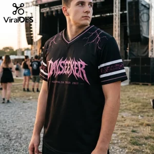 Dayseeker Black and Pink 2027 Australian Tour Football Jersey featuring lightning patterns and V-neck design.