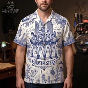 Ghostbusters Toile De Jouy Blue Button Down Shirt with New York cityscape, proton packs, and movie character line art.