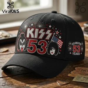 KISS Band 53 Years Anniversary black baseball cap with Gene Simmons, Paul Stanley, US flag, and fireworks embroidery.