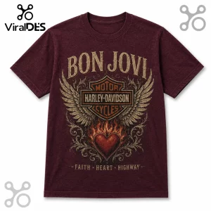 Maroon crew neck t-shirt featuring Bon Jovi text, a Harley-Davidson winged shield logo, and a flaming heart graphic.!