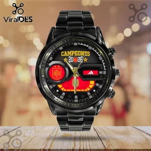 Spain National Team 2026 World Cup watch featuring a black metal band, red Spain crest, and yellow Campeones 2026 text.