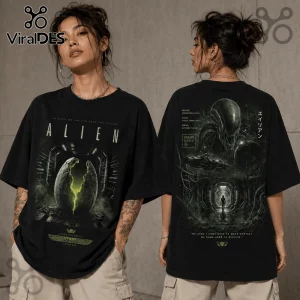 Black oversized t-shirt featuring Alien movie graphics, front egg design and back Xenomorph illustration with text.!