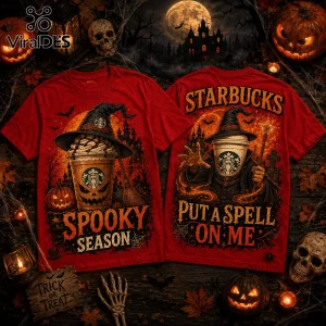 Starbucks Witch Hat Pumpkin Halloween red T-shirt featuring a coffee cup with a jack-o-lantern face and witch hat graphics.