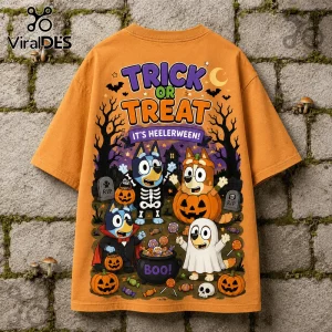 Bluey Heelerween Pumpkin Trick or Treat orange t-shirt featuring Bluey characters in Halloween costumes by a cauldron.