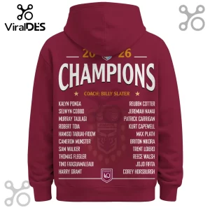Maroon hoodie featuring 2026 Champions text, Billy Slater coach label, and a list of Queensland rugby player names.!
