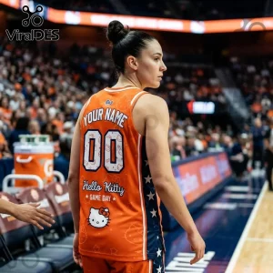 Hello Kitty x Connecticut Sun Orange Basketball Jersey featuring a custom name, number 00, and Hello Kitty graphics.