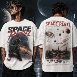 White oversized t-shirt featuring Space Rebel graphic, starfighter pilots, planetary maps, and Rebel Alliance iconography.!