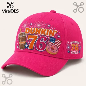 Dunkin Donuts 76th Anniversary Pink Baseball Cap featuring a coffee, frosted donut, USA flag, and fireworks graphic.