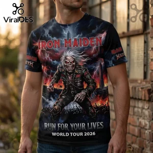 Iron Maiden graphic t-shirt featuring Eddie mascot, lightning storm, and text Run For Your Lives World Tour 2026.!