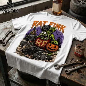 Rat Fink Drink Up Troublemakers Halloween T-Shirt featuring a green rodent holding a whiskey bottle and a pumpkin.