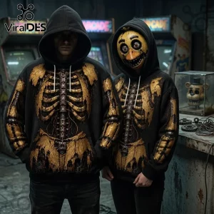 Five Nights at Freddys Chica Mechanical Skeleton Hoodie featuring yellow rusted animatronic bone print on black fabric.