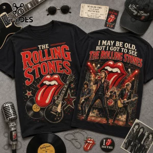 Vintage The Rolling Stones I May Be Old Concert T-Shirt featuring band logos, a microphone, and classic rock imagery.