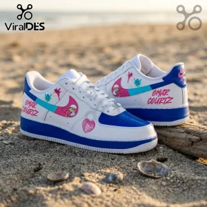 Omar Courtz Por Si Mañana No Estoy Air Force 1 Sneakers in white leather with blue accents and custom cartoon graphics.