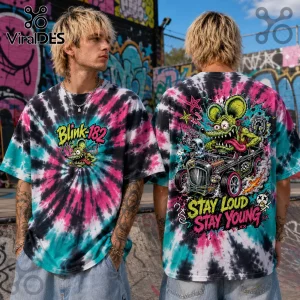 Blink-182 tie-dye t-shirt with pink, black, and teal swirl pattern featuring a green rat character driving a hot rod.!