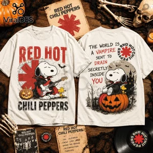 Red Hot Chili Peppers Snoopy Vampire Halloween T-Shirt showing Snoopy in a cape playing guitar and sitting on pumpkins.