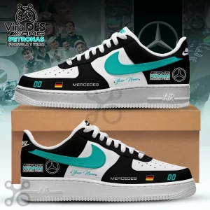 Mercedes AMG Petronas F1 Custom Nike Air Force 1 sneakers with black and white panels, teal swooshes, and team logos.