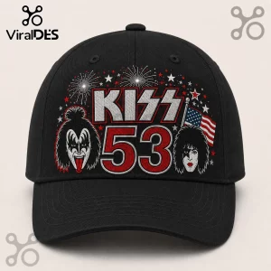 KISS Band 53 Years Anniversary black baseball cap with band member graphics, fireworks, stars, and American flag print.