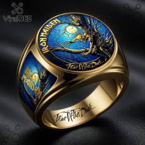 Gold-tone Iron Maiden ring featuring Fear of the Dark album artwork with Eddie in blue enamel on a black background.!