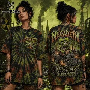 Megadeth band t-shirt on woman, black and green tie-dye fabric, Vic Rattlehead rat graphic driving a hot rod, industrial back.!