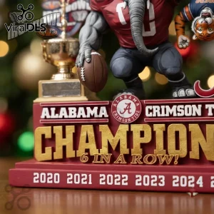 Alabama Crimson Tide Champions hanging Christmas ornament featuring a football-holding elephant on a red champion base.