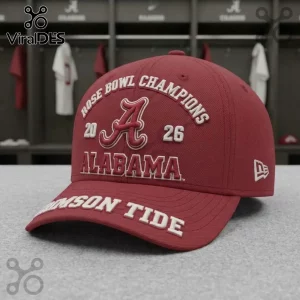 Alabama Crimson Tide 2026 Rose Bowl Champions cap in maroon with white embroidery, script A logo, and visor lettering.