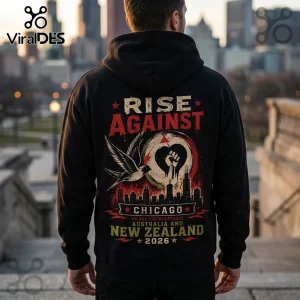 Black hoodie featuring Rise Against text, a bird, fist icon, Chicago skyline, and 2026 tour dates in red and yellow print.!