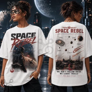 White oversized t-shirt featuring Space Rebel graphics, pilot artwork, galaxy maps, and sci-fi text on front and back.!