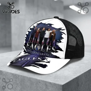 Eagles Band 50th Anniversary Greatest Hits baseball cap with a black mesh back and a graphic of the band members on white.