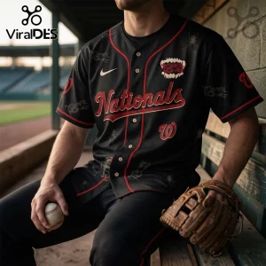 Black Washington Nationals baseball jersey with red trim featuring My Chemical Romance band logo and spider motifs.!