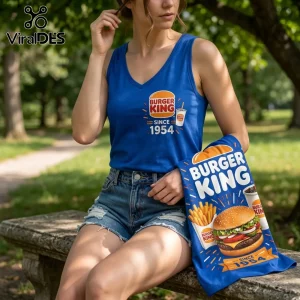 Burger King Vintage Burger and Fries V-Neck Tank Top in blue featuring a 1954 logo and food graphic print.