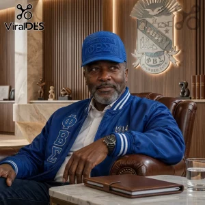 Man wearing a blue Phi Beta Sigma hat and letterman jacket sitting in a leather chair with a fraternity crest background.!
