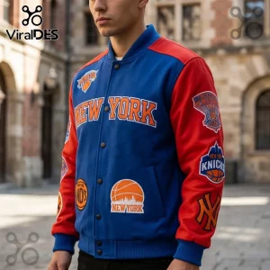 Blue and red wool varsity jacket with New York Knicks patches and orange New York text on the chest.!