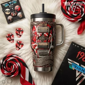 Van Halen Frankenstrat 40oz handle tumbler with guitar body graphic, stainless steel straw, and red, white, black stripes.