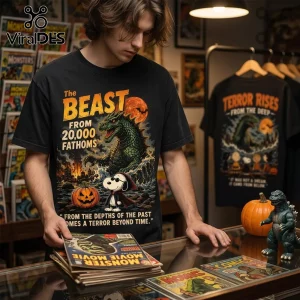 Snoopy Beast From 20,000 Fathoms Halloween 3D Shirt NTH1 featuring a cartoon beagle and a giant green sea monster.