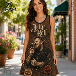 Woman wearing brown sleeveless tank dress featuring Jelly Roll portrait, microphone, musical notes, and floral patterns.!