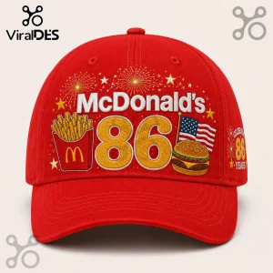 McDonalds 86 Years Celebration Red Baseball Cap featuring french fries, a burger, fireworks, and the American flag.
