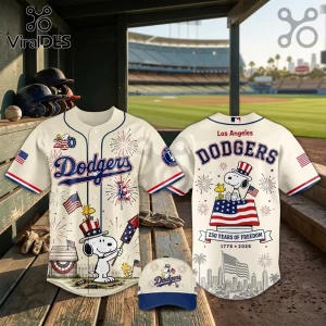 Los Angeles Dodgers baseball jersey featuring Snoopy with American flags, fireworks, and 250 years of freedom graphics.!