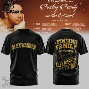 Black cotton t-shirt featuring gold distressed text ALEX WARREN on front and Finding Family on the Road 26 Tour on back.!