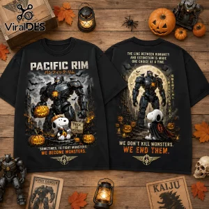 Pacific Rim x Snoopy Halloween Mecha Jaeger black t-shirt featuring Snoopy in a vampire cape with a giant robot mech.