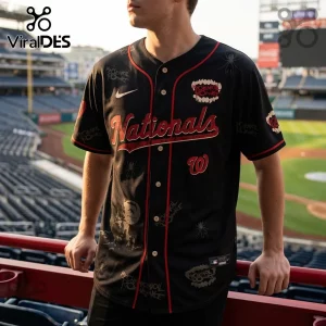 Black Washington Nationals baseball jersey featuring My Chemical Romance graphics, red piping, and white Nike swoosh.!
