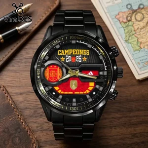 Spain National Team 2026 World Cup watch featuring a black metal band, golden hands, and a red and yellow Spanish crest.