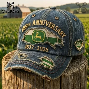 Distressed blue denim baseball cap featuring John Deere 189th anniversary embroidery, 1837-2026 text, and frayed details.!