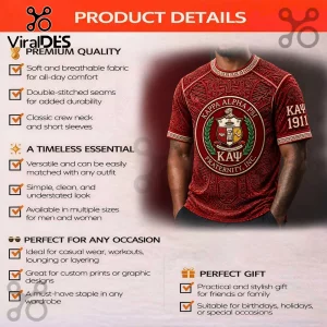 Kappa Alpha Psi short-sleeve crew neck t-shirt in red with white patterned graphics and fraternity crest on the chest.!