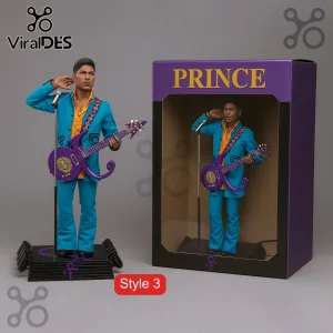 Prince 1/6 Scale Deluxe Collectible Action Figure wearing a turquoise suit with a purple guitar and display box packaging.