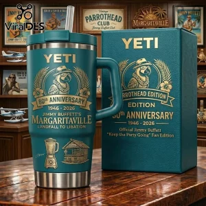 Yeti Jimmy Buffett 80th Anniversary Teal 40oz Tumbler with parrot graphic, matching gift box, and metal straw.